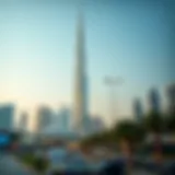 Stunning view of Al Bafta Grand Tower against the Dubai skyline