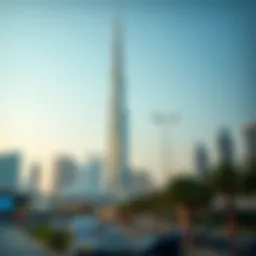 Stunning view of Al Bafta Grand Tower against the Dubai skyline