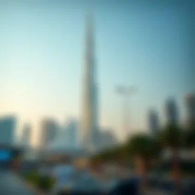 Stunning view of Al Bafta Grand Tower against the Dubai skyline