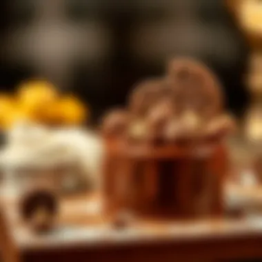 A close-up of a luxurious chocolate dessert adorned with intricate details.