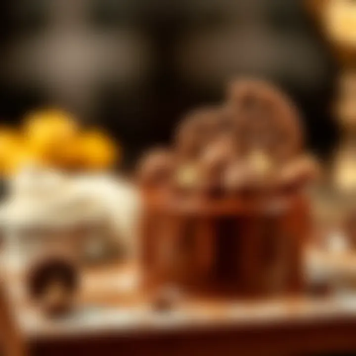 A close-up of a luxurious chocolate dessert adorned with intricate details.