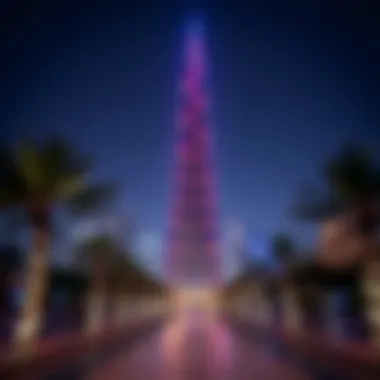 Cultural Festival Lights on Burj Khalifa A panoramic shot of the Burj Khalifa with colorful lights during a cultural festival