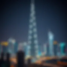 A stunning night view of the Burj Khalifa illuminated against the city skyline
