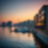 Stunning view of Dubai Wharf at sunset highlighting vibrant colors