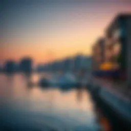 Stunning view of Dubai Wharf at sunset highlighting vibrant colors