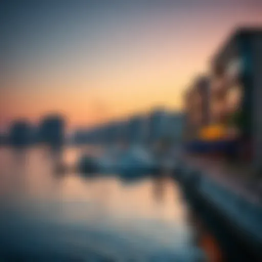 Stunning view of Dubai Wharf at sunset highlighting vibrant colors