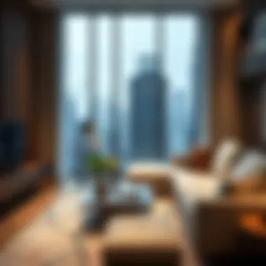 Contemporary living space interior of a city stay residence with urban views