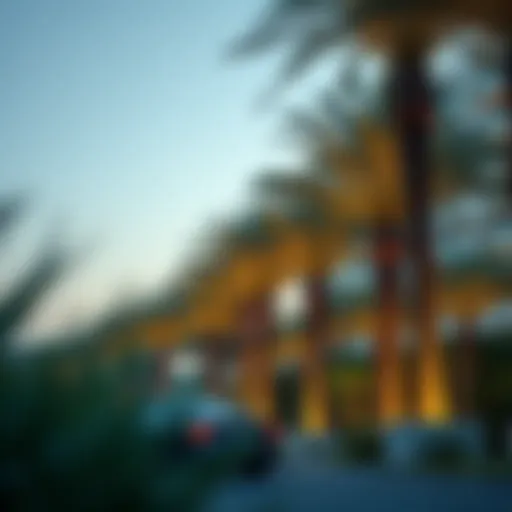 Crescent palm trees lining a luxury development