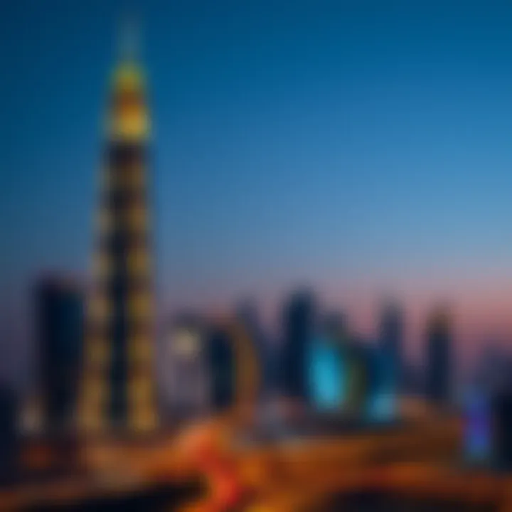 Evening illumination of Da Vinci Tower against the Dubai skyline