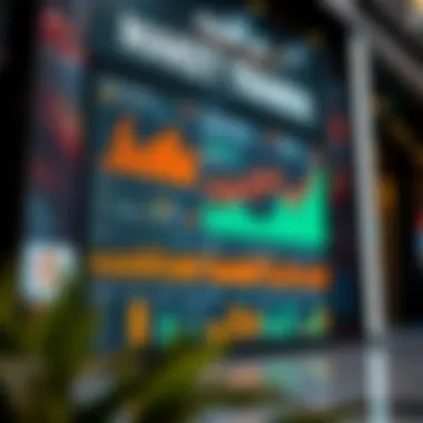 A digital display with market trends and data