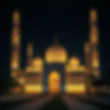 Illuminated Mosque: A Symbol of Spiritual Reflection An elegant mosque illuminated at night, symbolizing peace and spirituality during Ramadan.