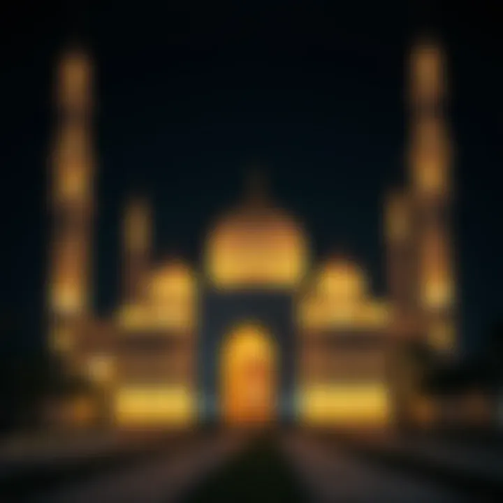 Illuminated Mosque: A Symbol of Spiritual Reflection An elegant mosque illuminated at night, symbolizing peace and spirituality during Ramadan.