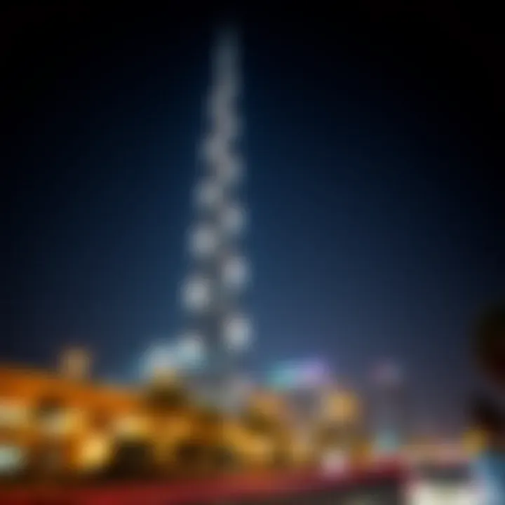 Night view of Dubai's tallest tower illuminated against the starry sky