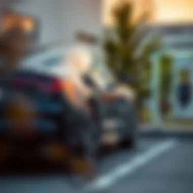 A sleek electric car charging at a modern charging station