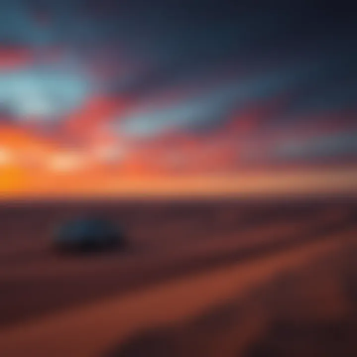 Sunset over the Al Awir Desert with dramatic sky colors