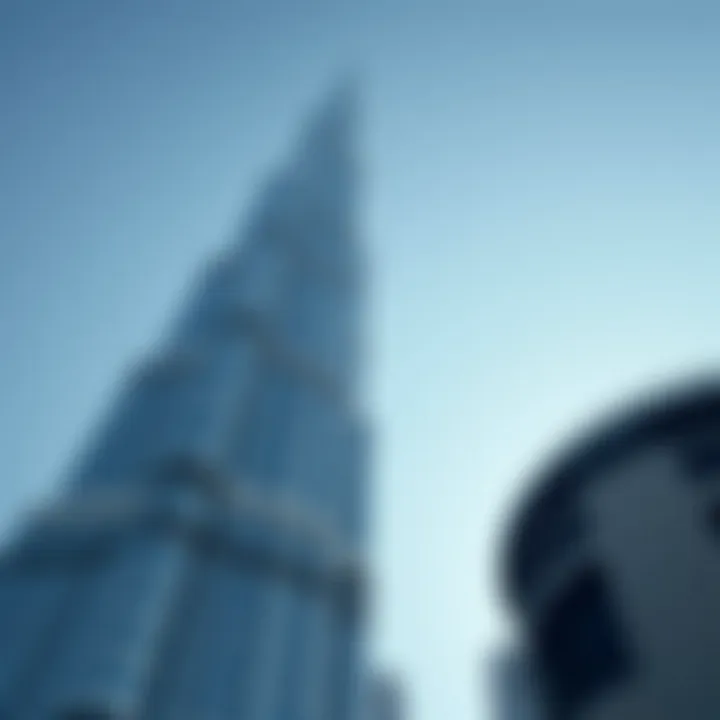 The intricate design of the Burj Khalifa against a clear blue sky