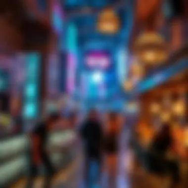 A panoramic view of a bustling bar environment filled with ambient lighting