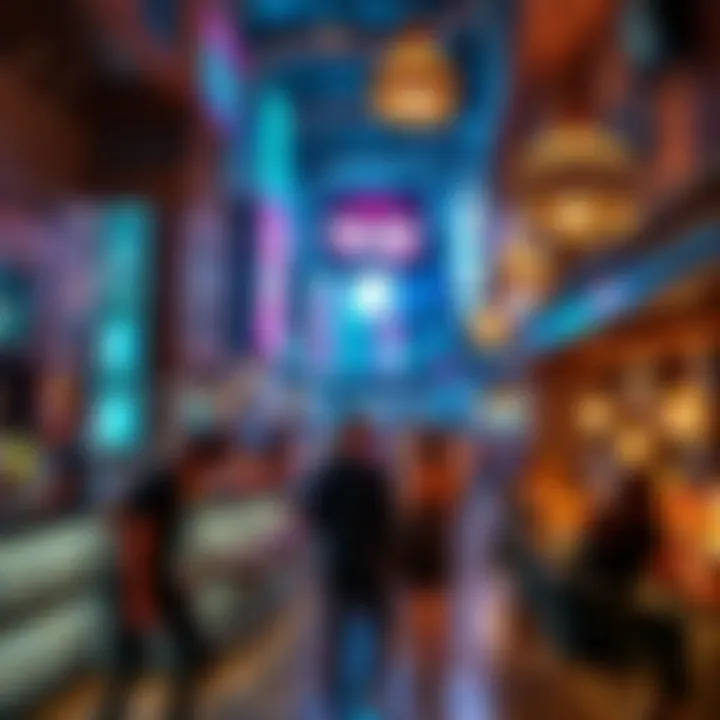 A panoramic view of a bustling bar environment filled with ambient lighting