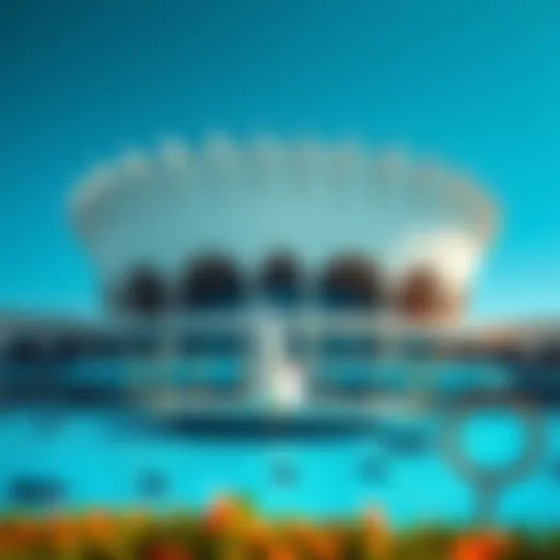 The stunning architecture of Dubai Dolphinarium showcased against a clear blue sky.