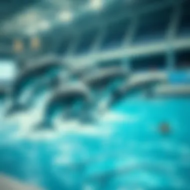 A group of dolphins performing synchronized tricks in the arena.