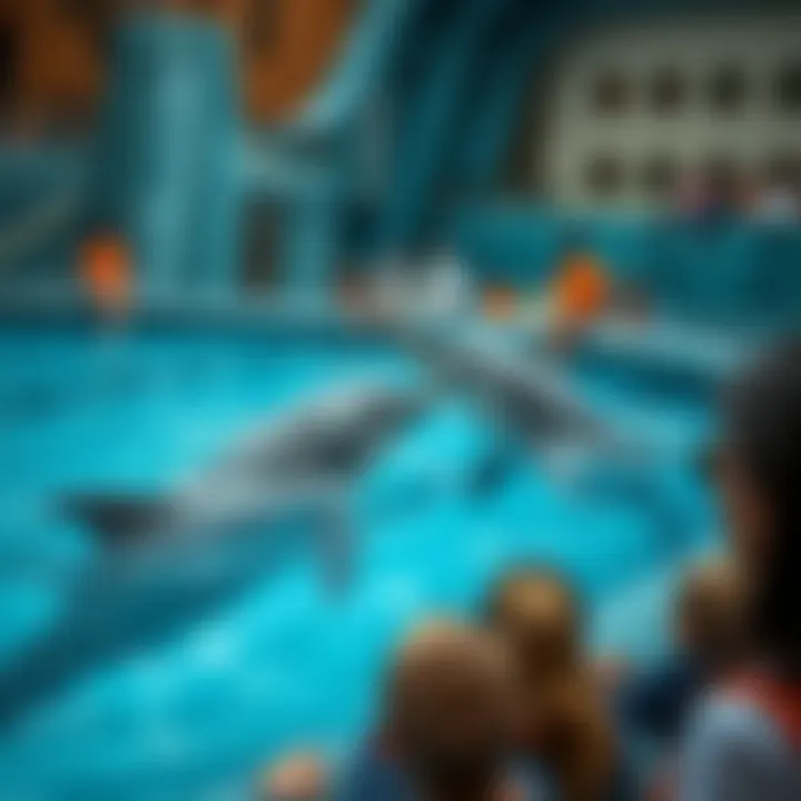 Visitors enjoying an interactive experience with dolphins.