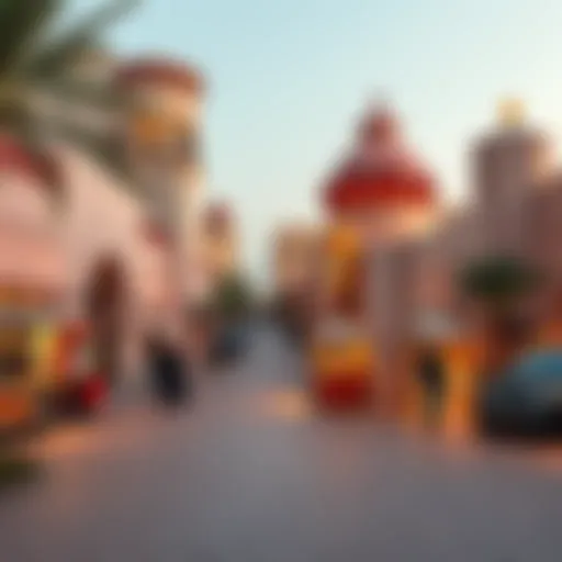 A panoramic view of Last Exit Al Khawaneej showcasing vibrant food trucks and unique architecture