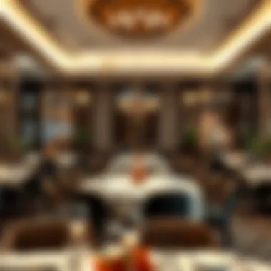 An elegant dining setting in a luxurious Iraqi restaurant, showcasing the atmosphere and decor
