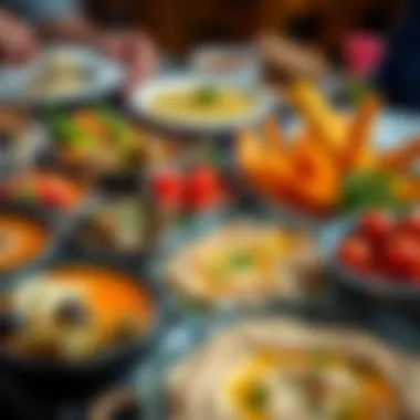 A colorful display of Iraqi mezze featuring hummus, baba ghanoush, and stuffed grape leaves