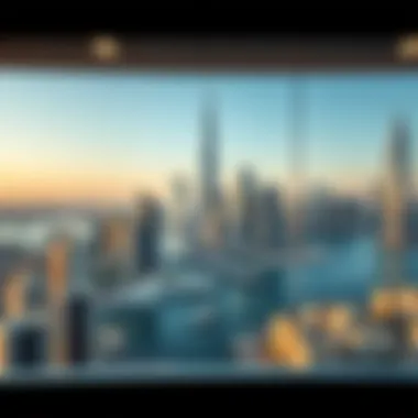 Panoramic skyline of Business Bay highlighting Marble Arch Tower's location