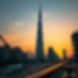 The Burj Khalifa silhouetted against a sunset sky