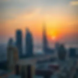 A panoramic view of Dubai's skyline during sunset, highlighting modern architecture.