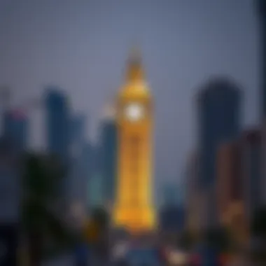 View of the clock tower amidst urban development