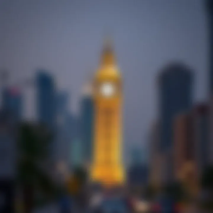 View of the clock tower amidst urban development