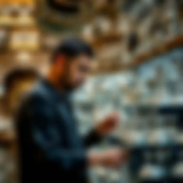 Customer exploring various silver items at a shop