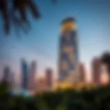 Stunning exterior view of Bloom Tower illuminating Dubai's skyline at dusk