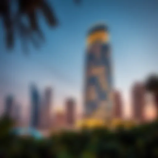 Dubai's Architectural Marvel: Bloom Tower at Dusk Stunning exterior view of Bloom Tower illuminating Dubai's skyline at dusk