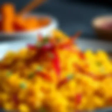 Saffron Rice Elegance A close-up of saffron-infused rice with colorful garnishes
