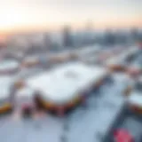 A stunning aerial view of an ice rink surrounded by Dubai's skyline