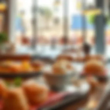 Gourmet Pastries and Coffee Art A selection of exquisite pastries and coffee art served in a vibrant cafe.