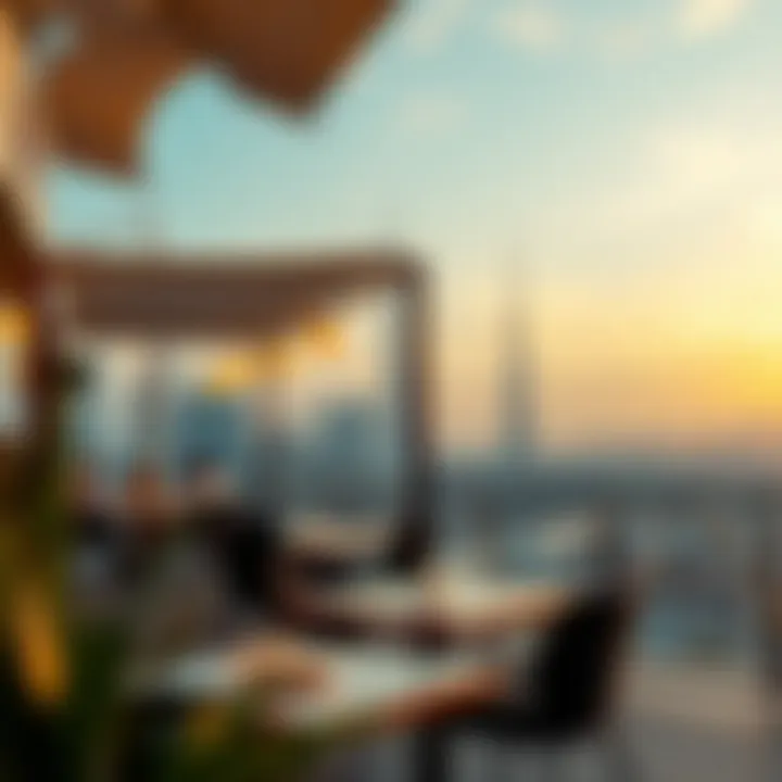 Outdoor Cafe with Skyline Views An outdoor cafe setting with stunning views of Dubai's skyline at sunset.