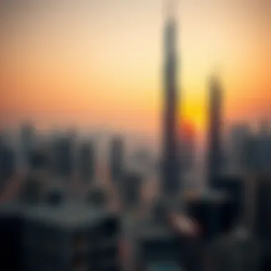 Financial Tower surrounded by Dubai's skyline during sunset