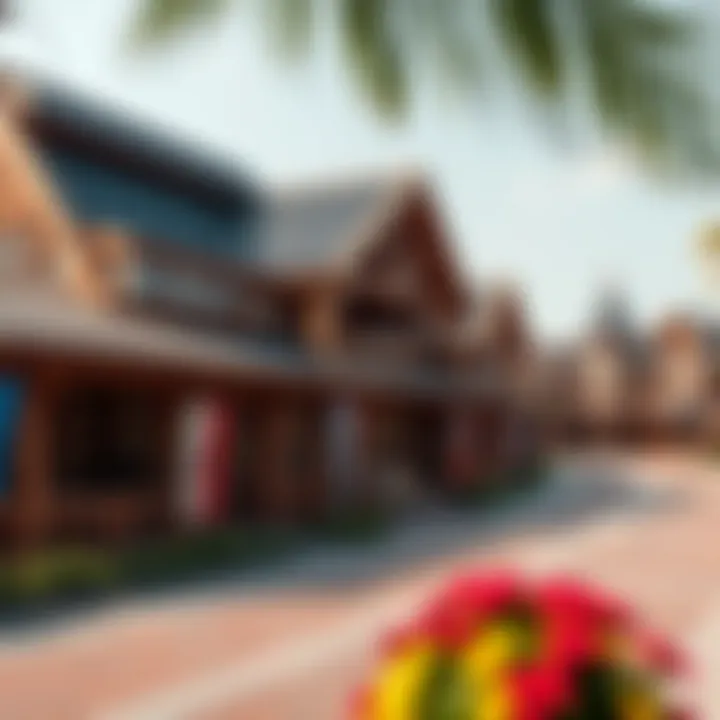 An illustration of the various pavilions representing different countries within Global Village.