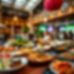 A vibrant array of international dishes showcasing Global Village's culinary diversity