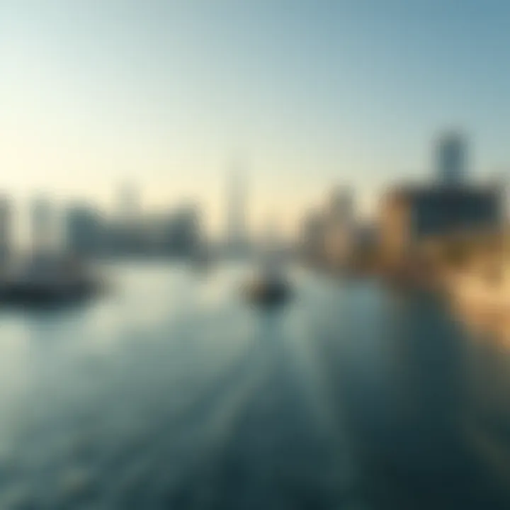 Panoramic view of Dubai skyline from the harbor