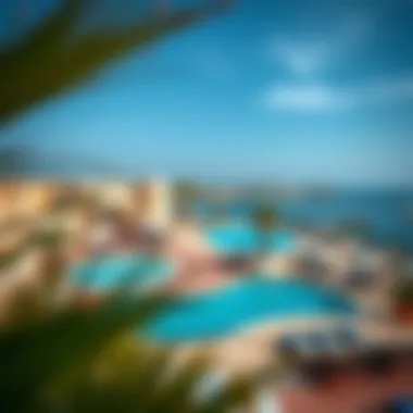 Panoramic view of the hotel's amenities including pool and lounge area