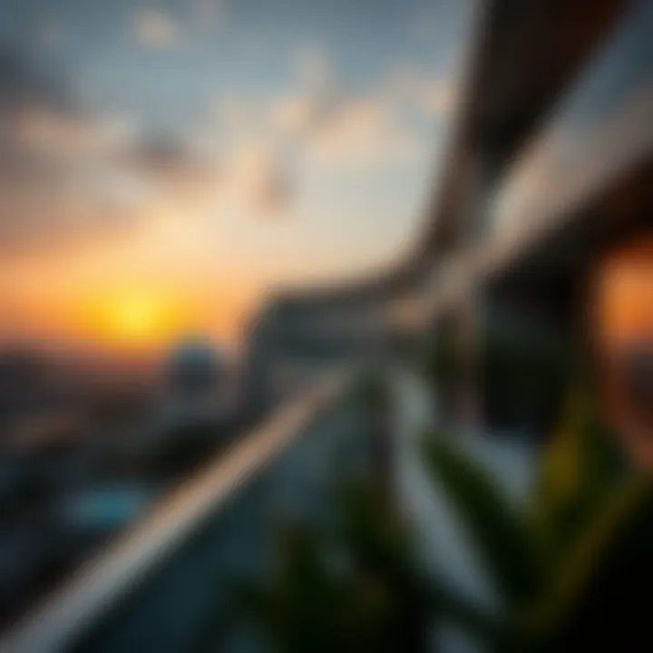 Modern balcony with glass railing and sunset