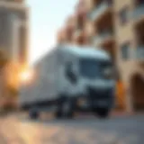 A modern moving truck parked in front of a luxury apartment in Dubai