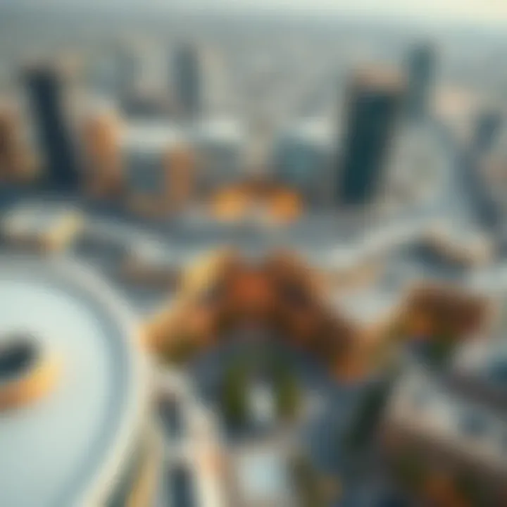 An aerial view of a bustling shopping center surrounded by urban landscapes