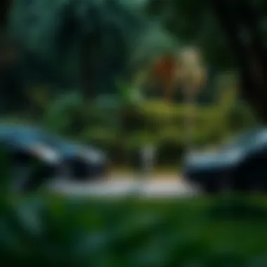 A representation of a green landscape with electric cars promoting sustainability