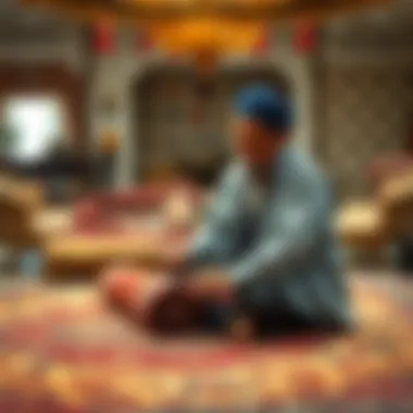 An artisan crafting a bespoke carpet showcasing intricate designs.